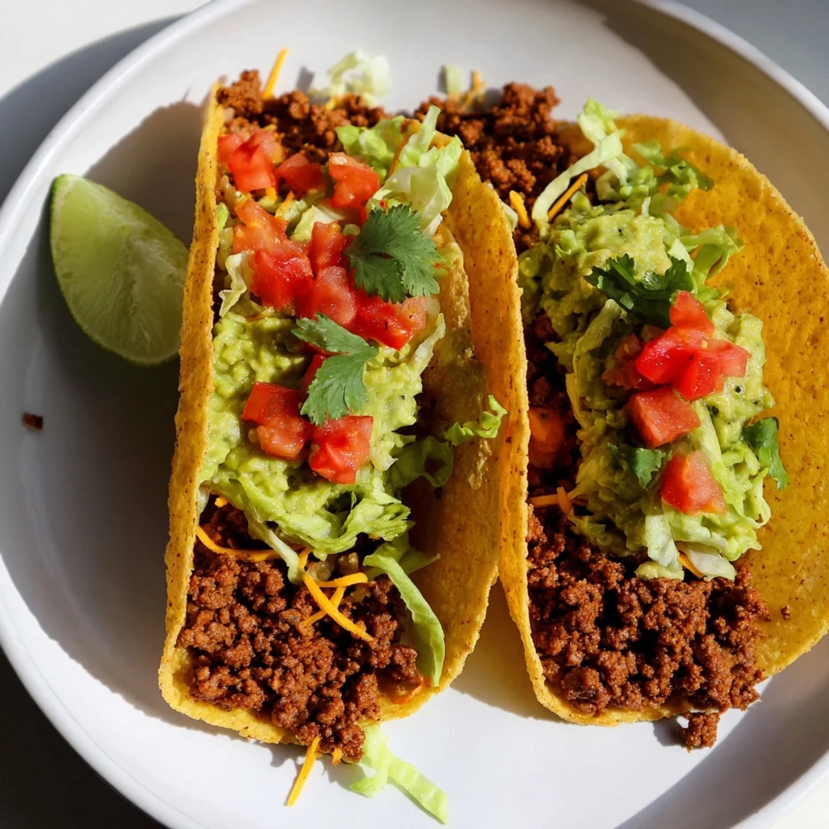 Golden-brown Spicy Beef Tacos overflowing with guacamole and fresh toppings on a plate.