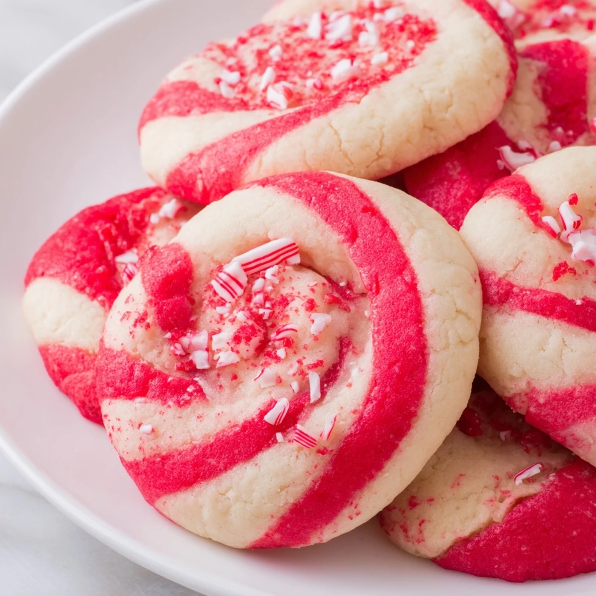 Freshly baked Peppermint Twist Cookies, with a dusting of crushed peppermint, looking delicious.