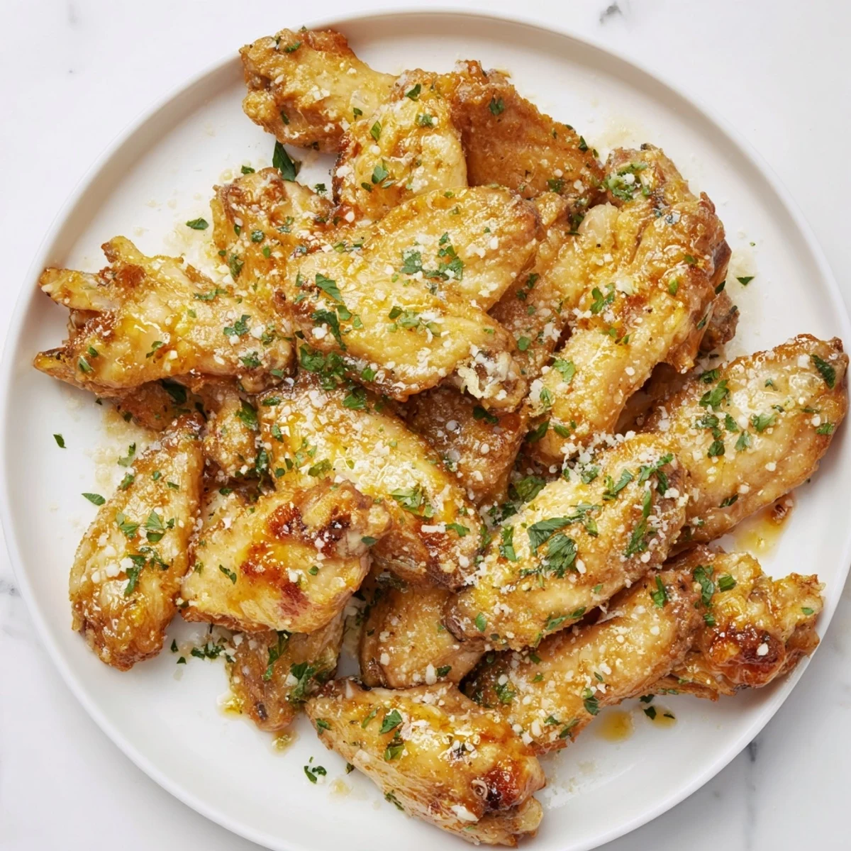 Golden-brown Garlic Parmesan Chicken Wings, ready to eat, are coated in a savory sauce.