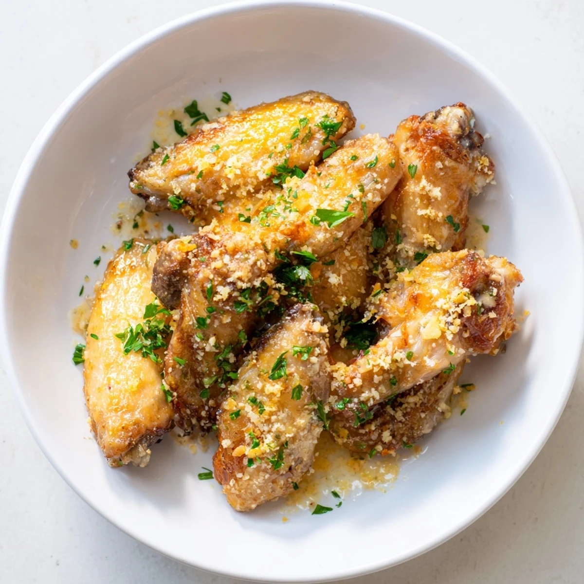 Close-up of crispy Garlic Parmesan Chicken Wings, sprinkled with fresh parsley and cheese.