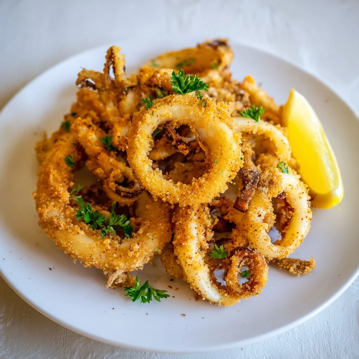 Golden, crispy fried calamari rings, ready to dip in a creamy, flavorful aioli sauce.