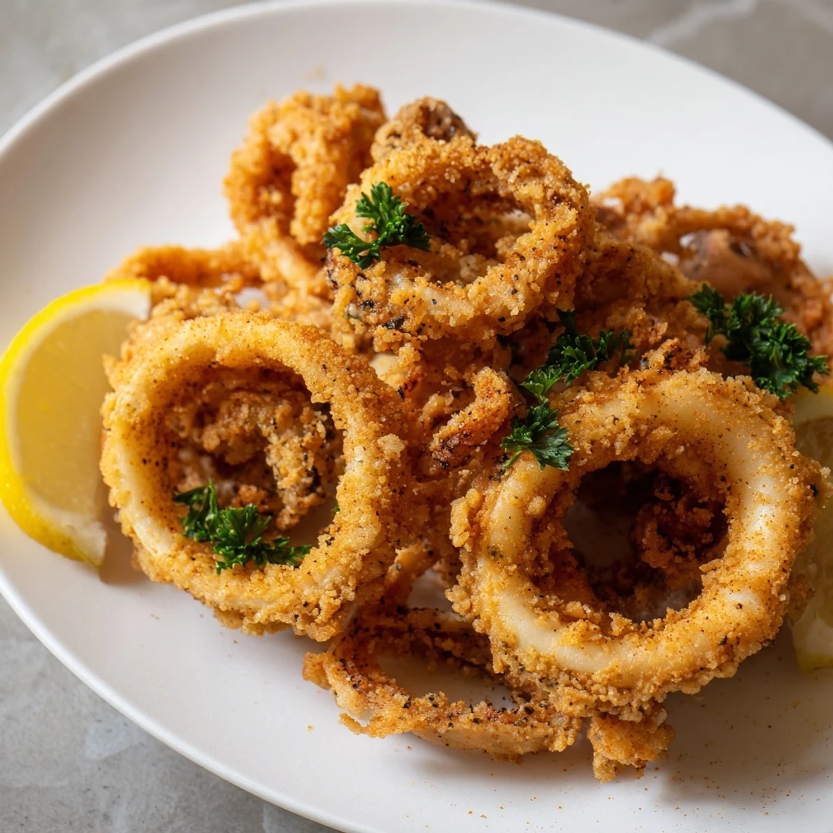 Perfectly fried calamari, a delightful Mediterranean appetizer, served with fresh lemon wedges.