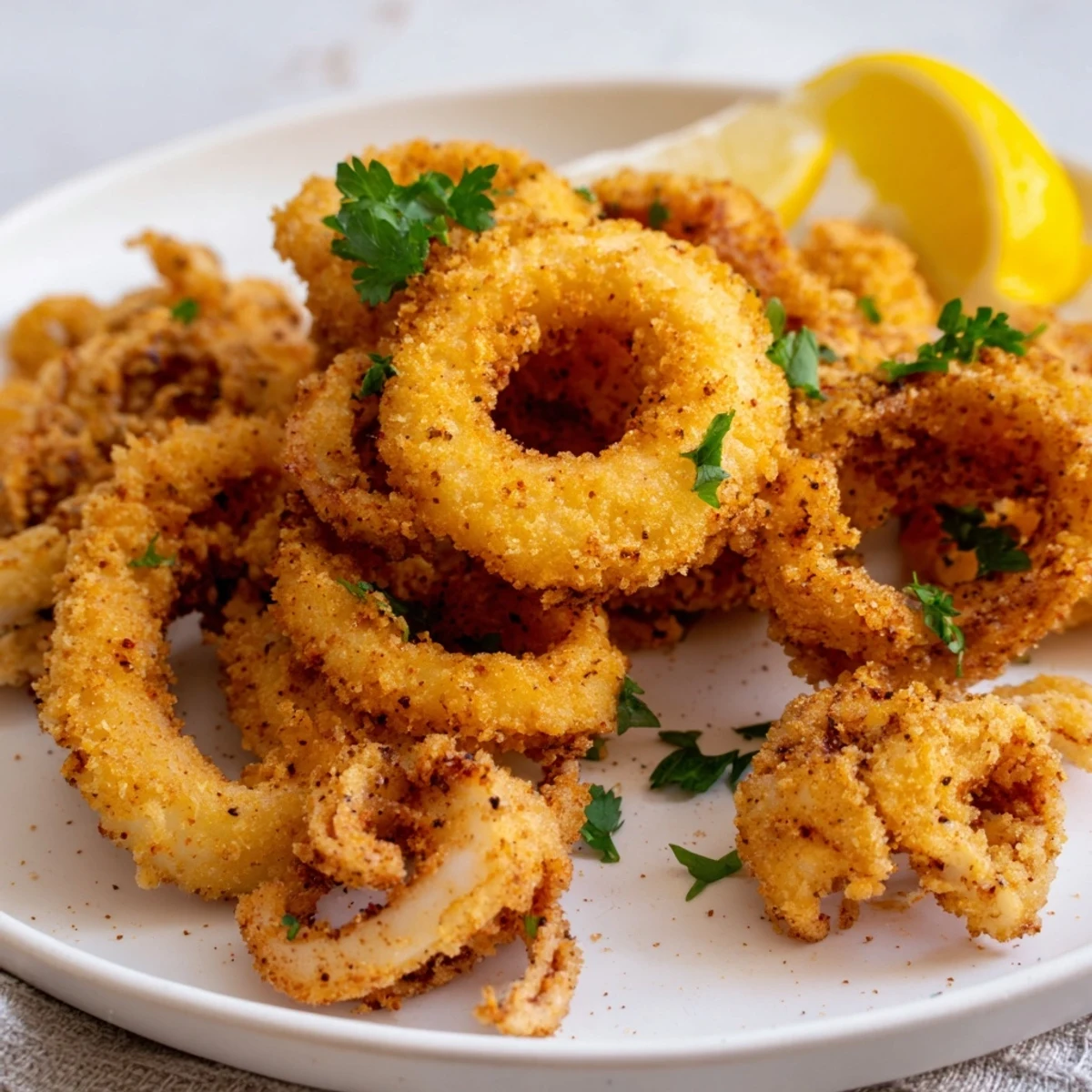 Lightly battered fried calamari: a close-up of tender rings and tentacles, beautifully golden.