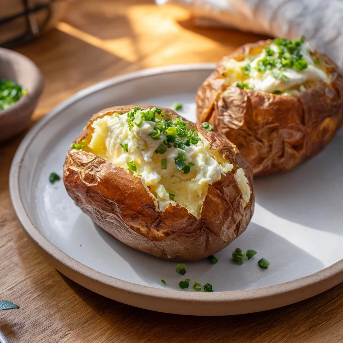 Steaming hot Baked Potato with Sour Cream, fluffy inside, ready for a creamy topping and fresh chives.