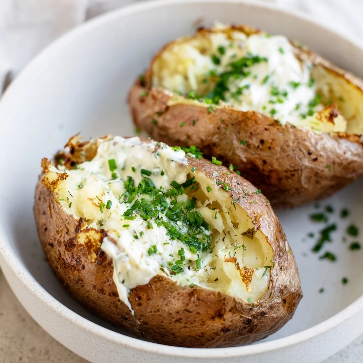 Fluffy baked potato with sour cream, a classic American side, topped with fresh green chives, and butter.