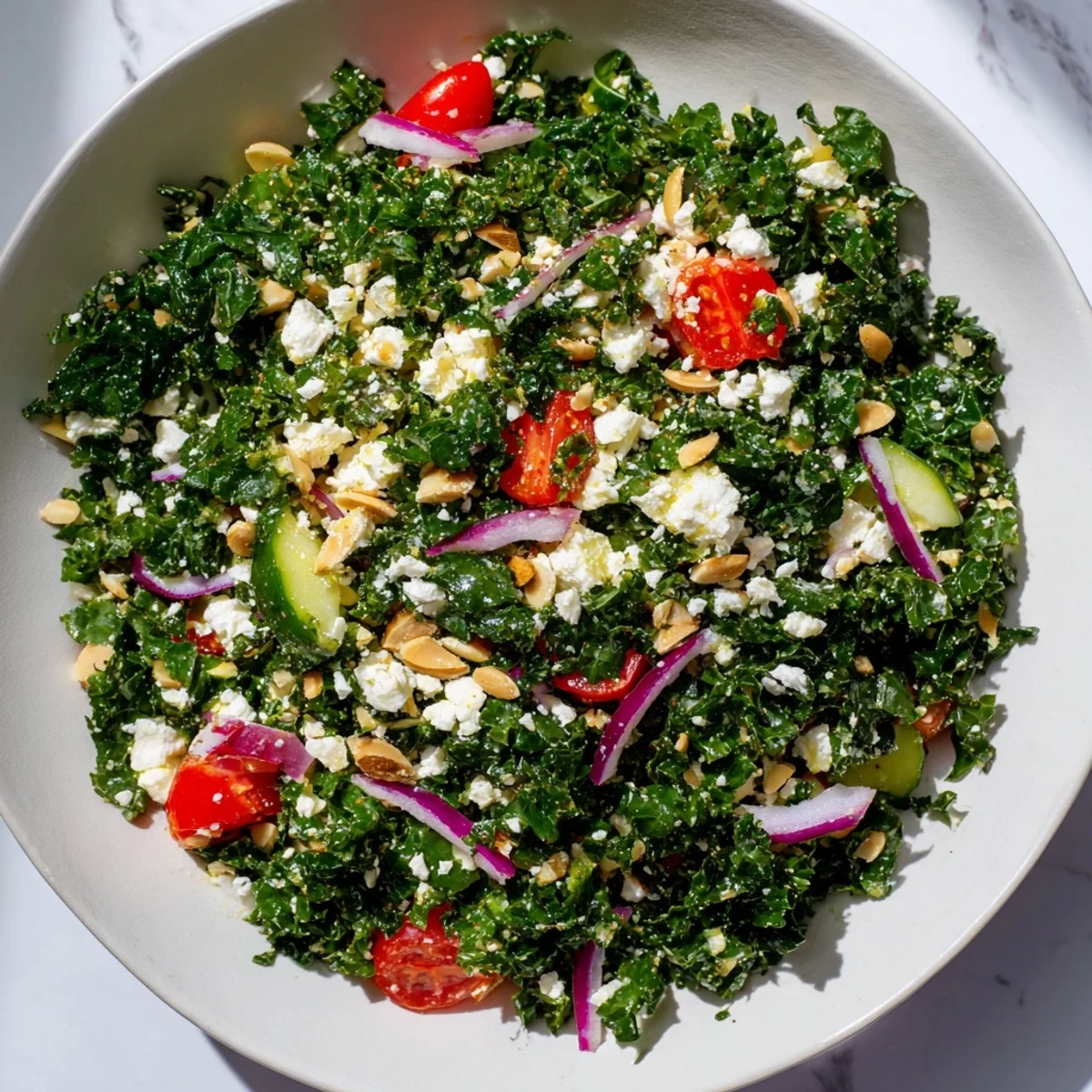A colorful bowl of fresh Kale Salad, bursting with vibrant vegetables and lemon dressing.