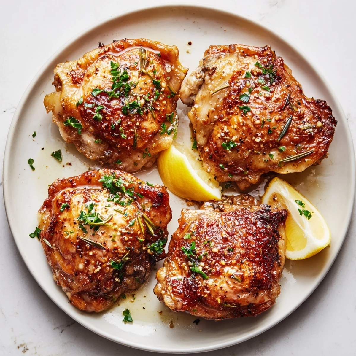Golden, crispy-skinned Roasted Chicken Thighs, perfectly cooked with herbs and garlic, ready to eat.