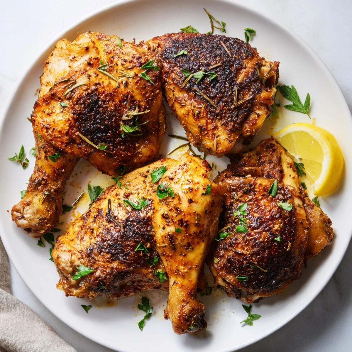 A close-up of tender, juicy Roasted Chicken Thighs, glistening from the oven, ready to serve.
