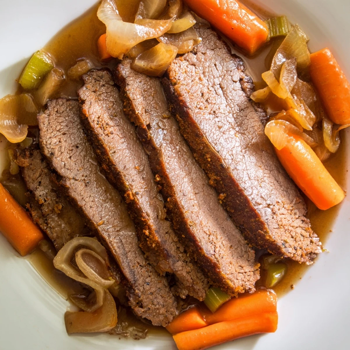 Hearty beef brisket, glistening with flavorful juices, perfect for a comforting family meal.