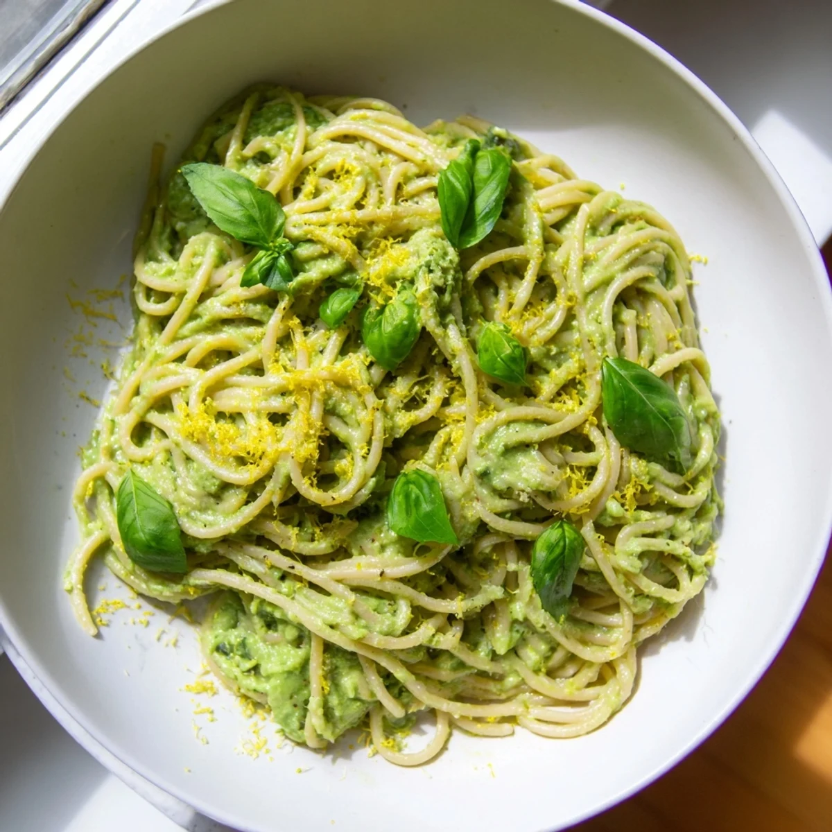Picture this: perfectly cooked avocado pasta with a smooth, bright green sauce and herbs.