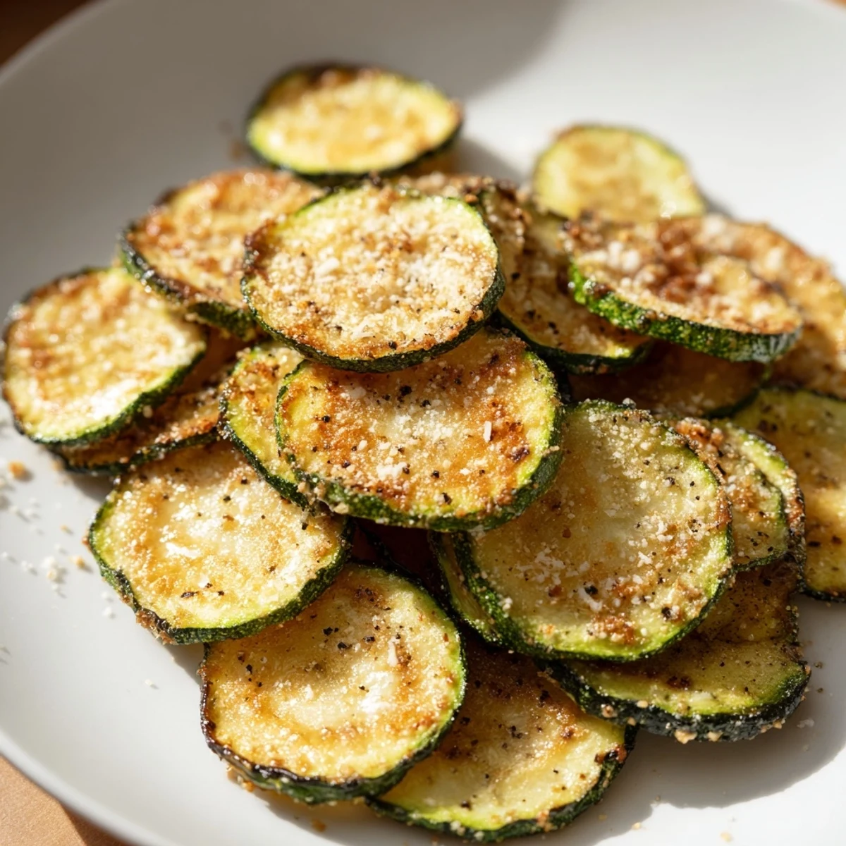 Golden, crispy zucchini chips, baked to perfection, ready to be enjoyed as a flavorful snack.