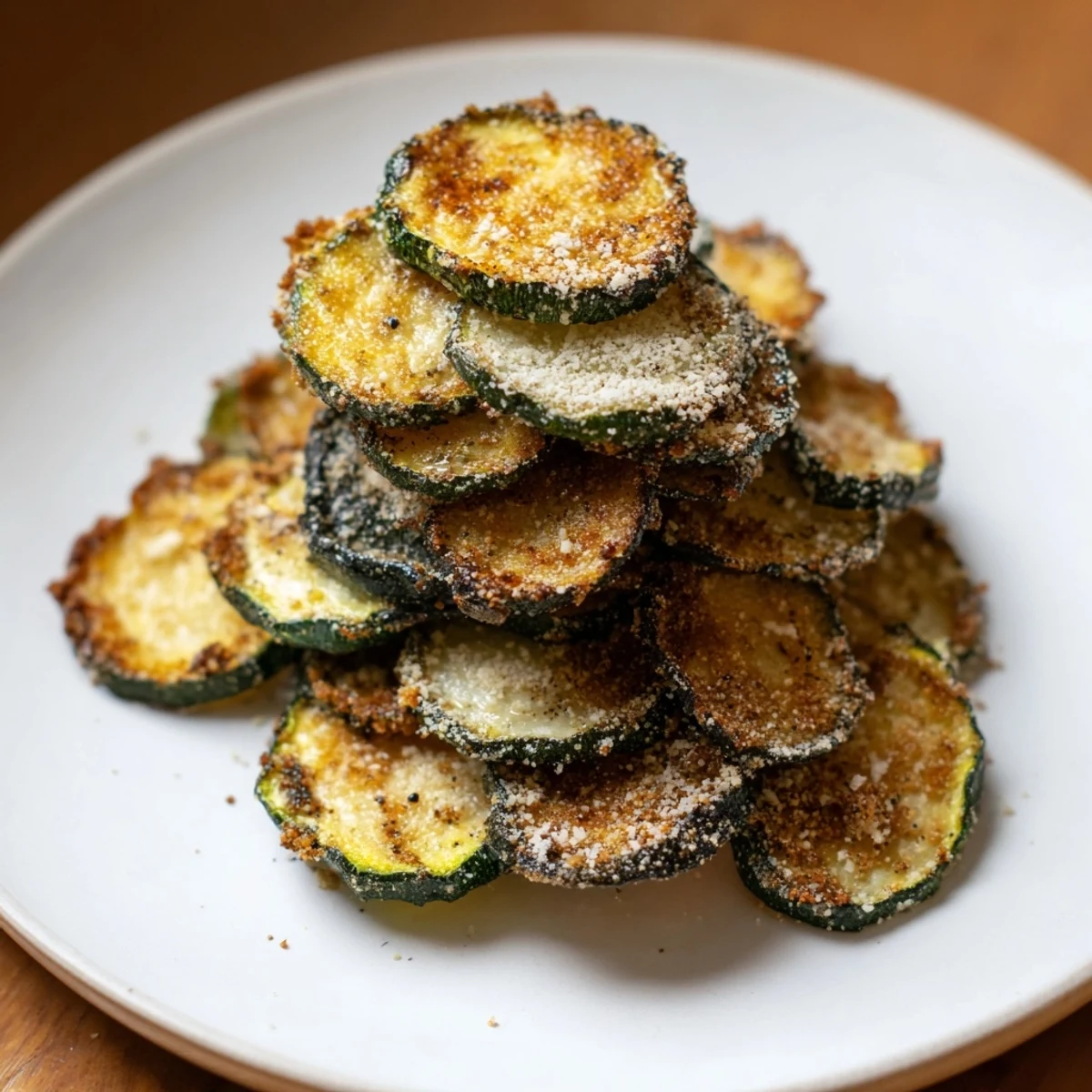 Oven-baked zucchini chips, sprinkled with parmesan, offering a satisfying crunch and savory taste.