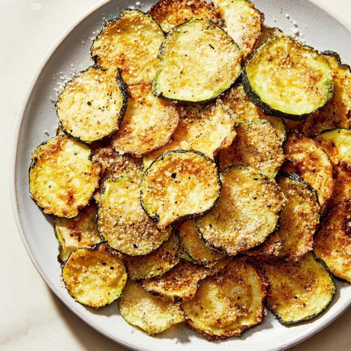 Close-up of crispy, thin zucchini chips, seasoned with paprika, perfect for a healthy American snack.