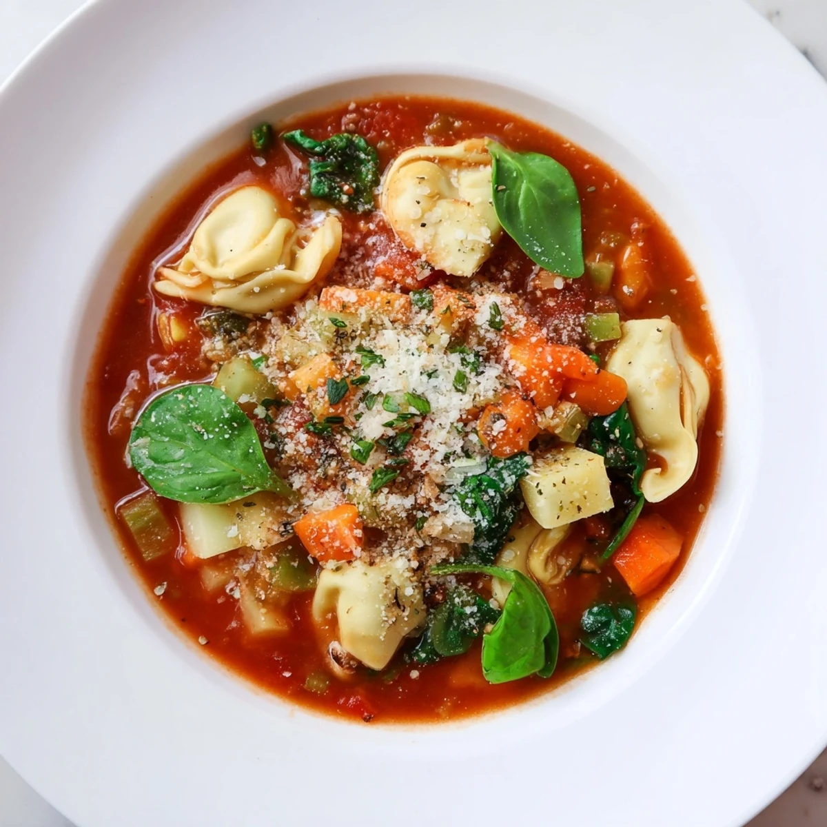 Steaming bowl of Tomato Tortellini Soup with fresh basil, ready to enjoy on a chilly evening.