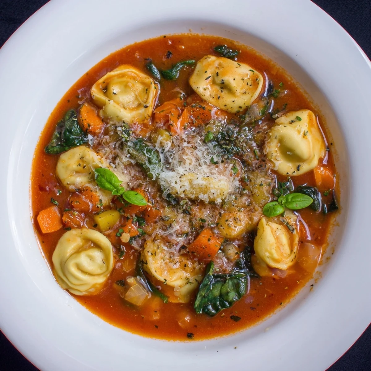 Deep red Tomato Tortellini Soup, overflowing with tortellini and vegetables, ready to serve and eat.
