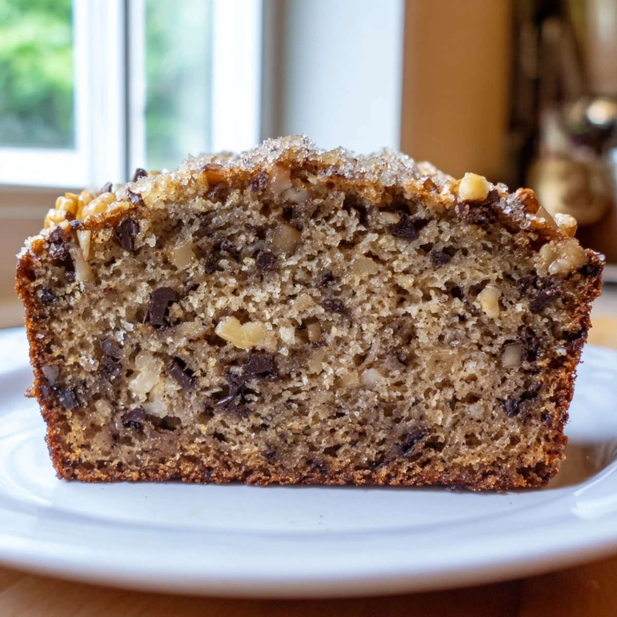 Golden brown, perfectly baked banana bread, ready to slice and enjoy for breakfast.