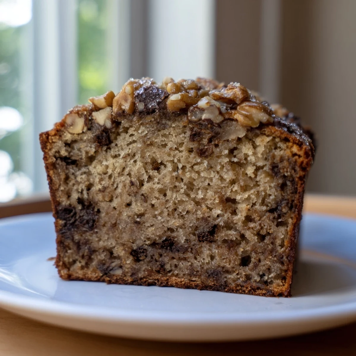 A warm slice of homemade banana bread, bursting with banana flavor and cinnamon spice.