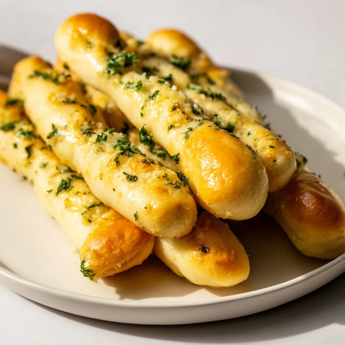 Close-up of garlic breadsticks, showcasing garlic butter glaze and inviting texture, ready to serve warm.