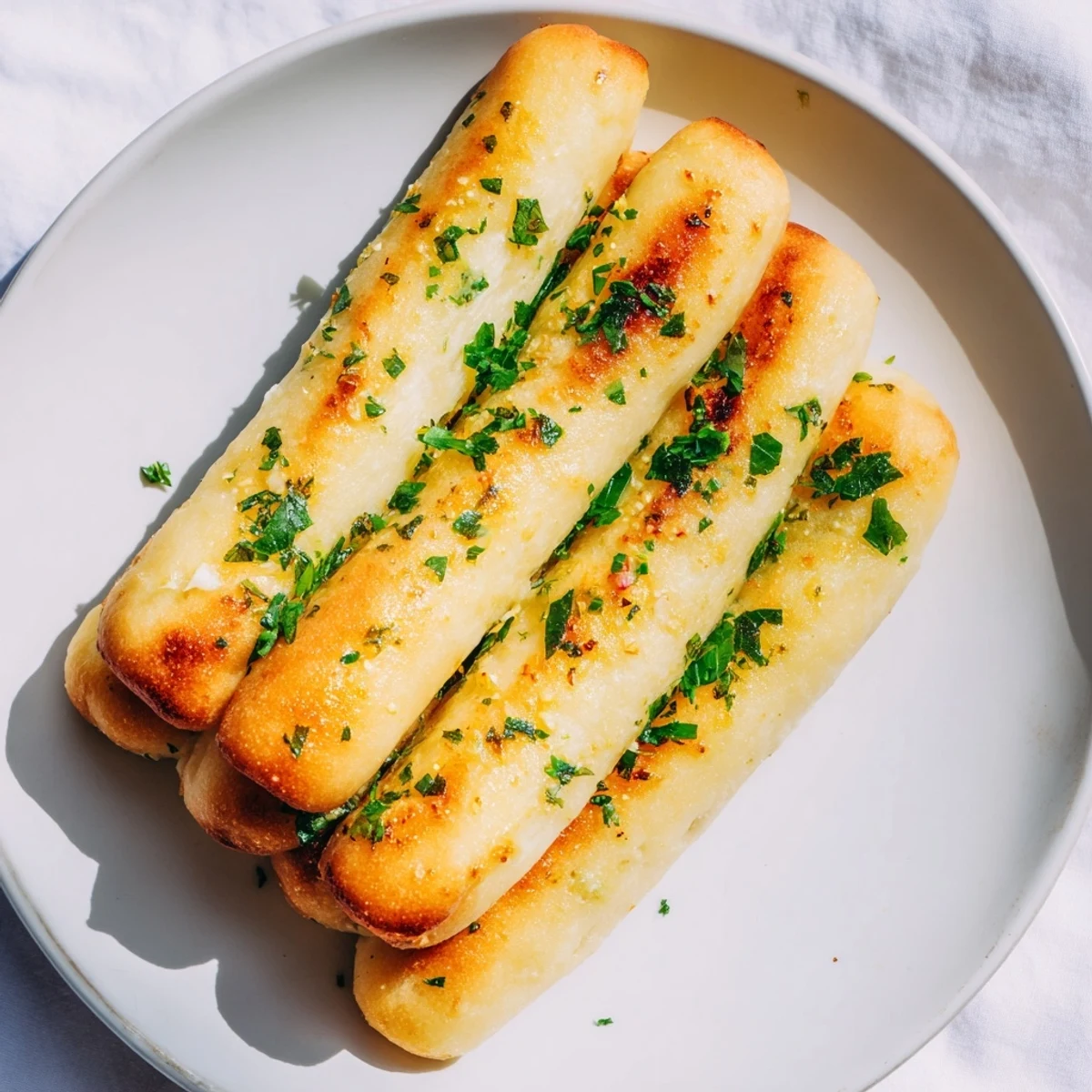 Freshly baked garlic breadsticks, steaming, with a crispy outside and soft, fluffy interior, perfect side.