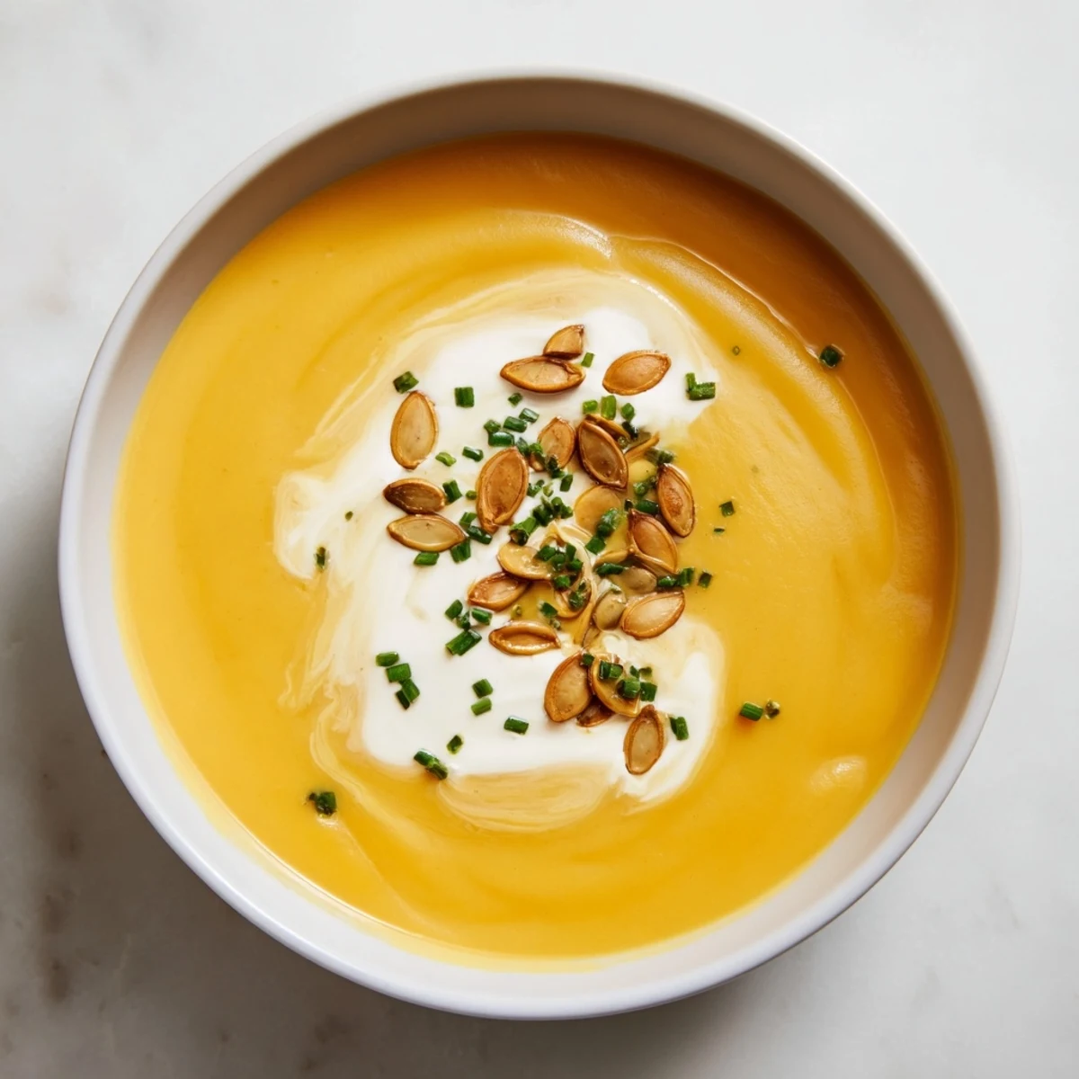 Steaming bowl of creamy pumpkin bisque, garnished with green herbs and toasted pepitas.