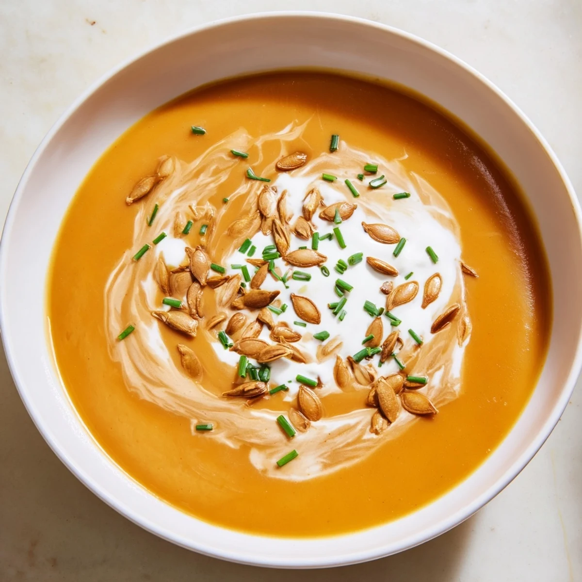 Aromatic pumpkin bisque, perfect for fall, with a swirl of cream ready to eat.