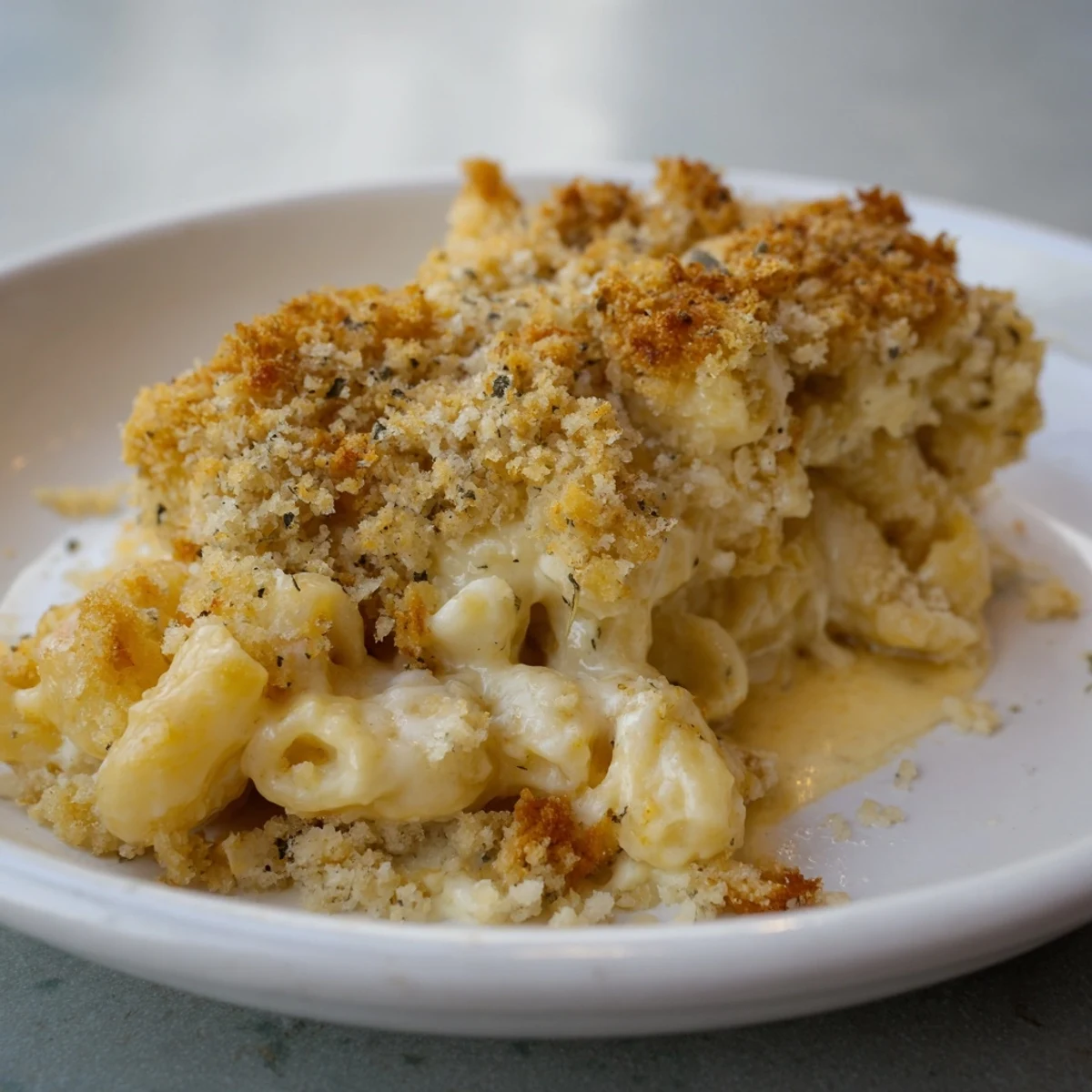 A close-up of cheesy, creamy Baked Mac and Cheese, freshly baked and ready to eat for dinner.