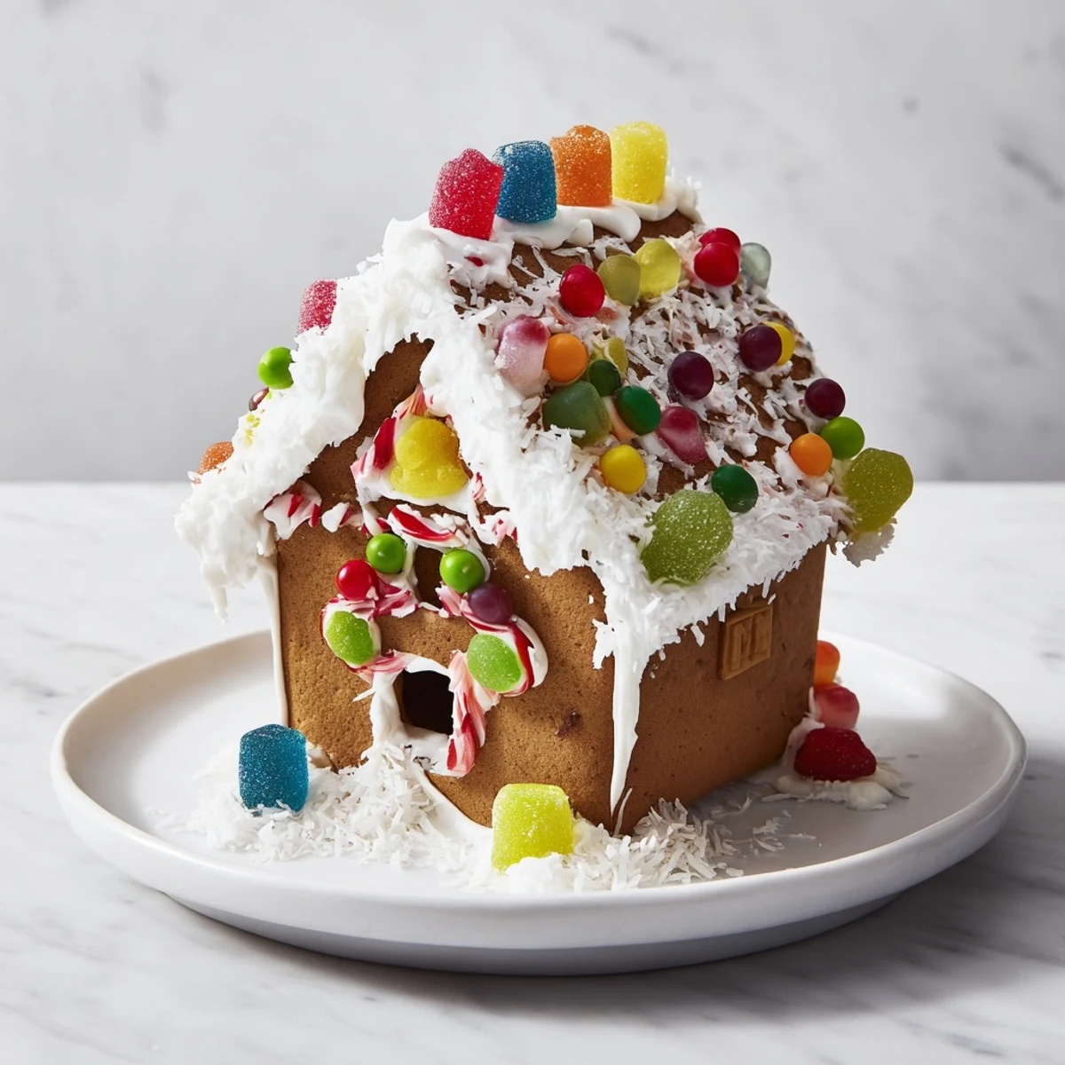 Cozy close-up of a finished gingerbread house showcasing detailed frosting and bright, sweet decorations.