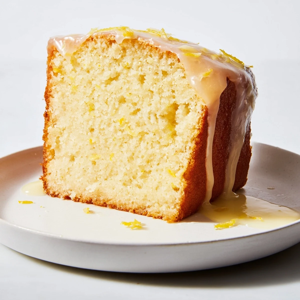 Fluffy slice of moist Lemon Cake, presented on a plate, ideal with afternoon tea and coffee.