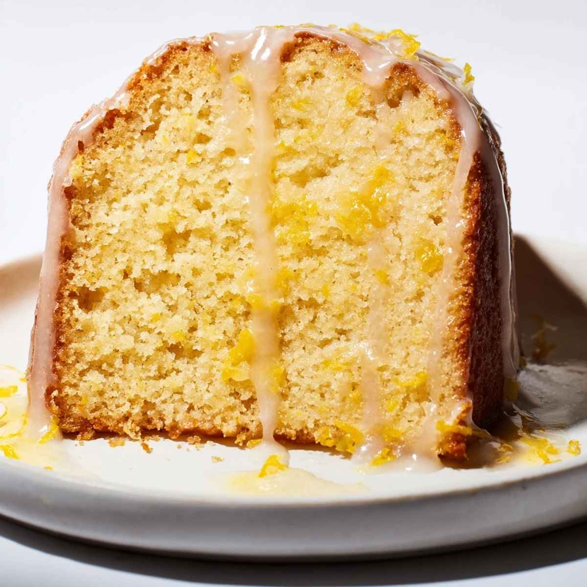 A close-up of a golden Lemon Cake, glistening with a tangy lemon glaze, ready to be sliced.