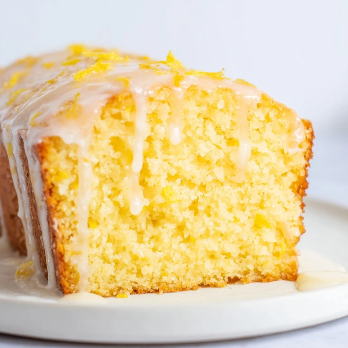 Freshly baked Lemon Cake with a sweet glaze, showing the texture, perfect for dessert tonight.