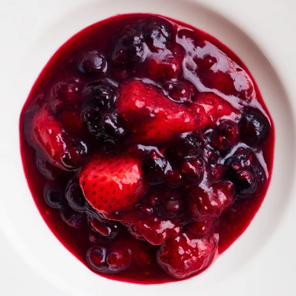 Vibrant Berry Sauce glistening on pancakes, with fresh berries ready to burst with flavor.