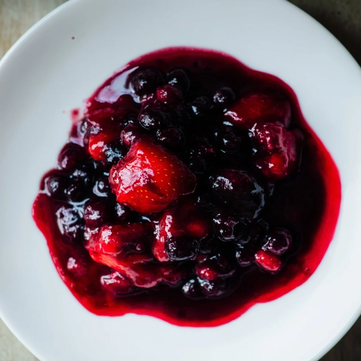 Close-up of bubbling Berry Sauce, a beautiful deep red, perfect for dessert toppings.