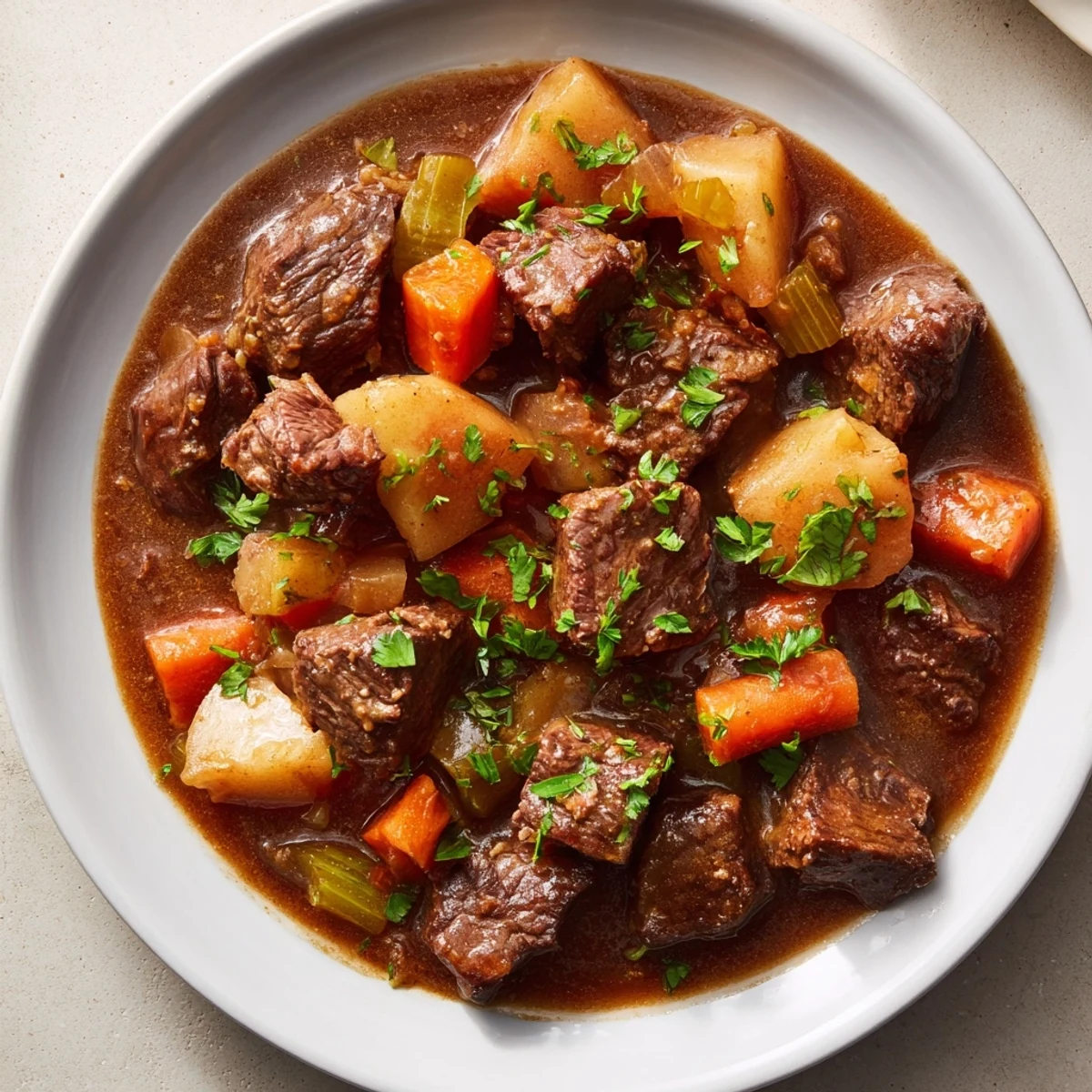 Hearty Beef Stew, a warm and savory classic, featuring tender beef and rich vegetables.