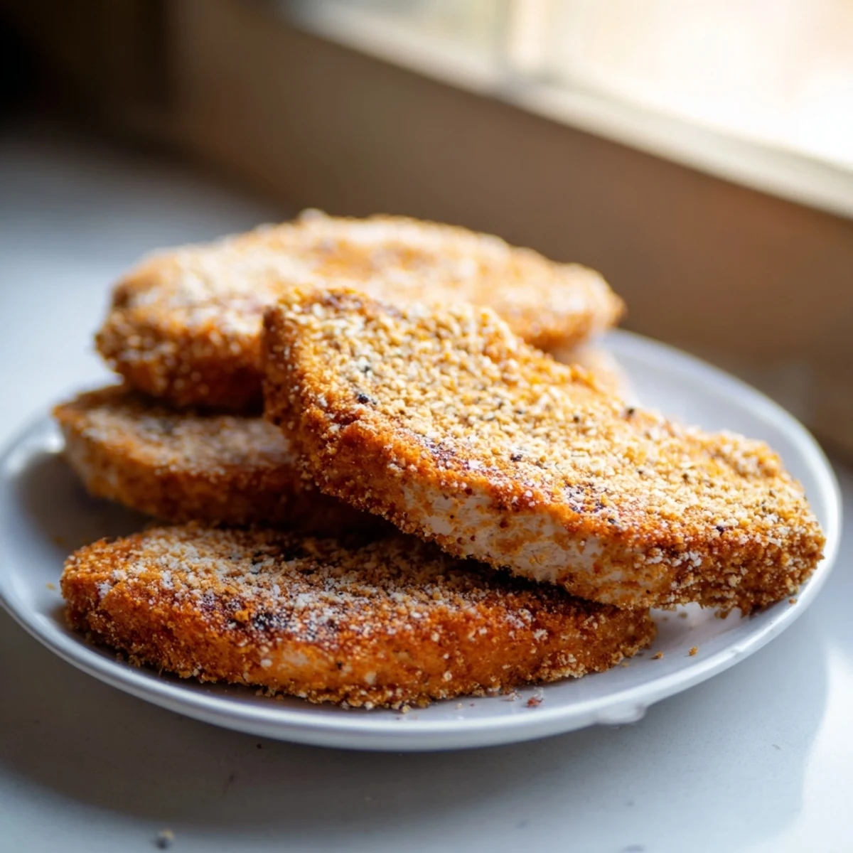 Crispy veggie chicken, breaded and fried to perfection, served alongside fresh, green salad on a plate.