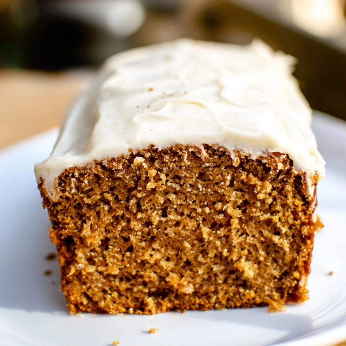 A warm slice of Frosting Gingerbread, beautifully frosted and ready for serving with spiced tea.