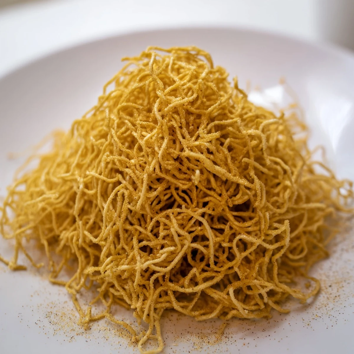 Close-up of freshly fried Noodle Crispies, showing their perfectly golden texture and savory spices.