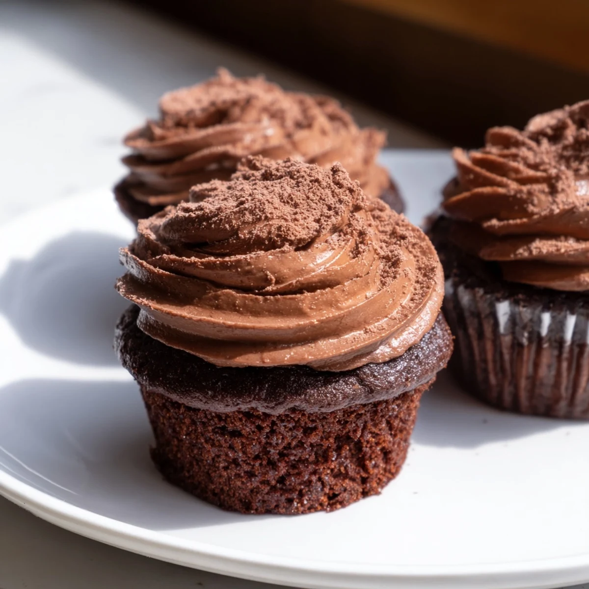 Warm, inviting image of moist chocolate cupcakes, ready to be devoured after cooling on a rack.