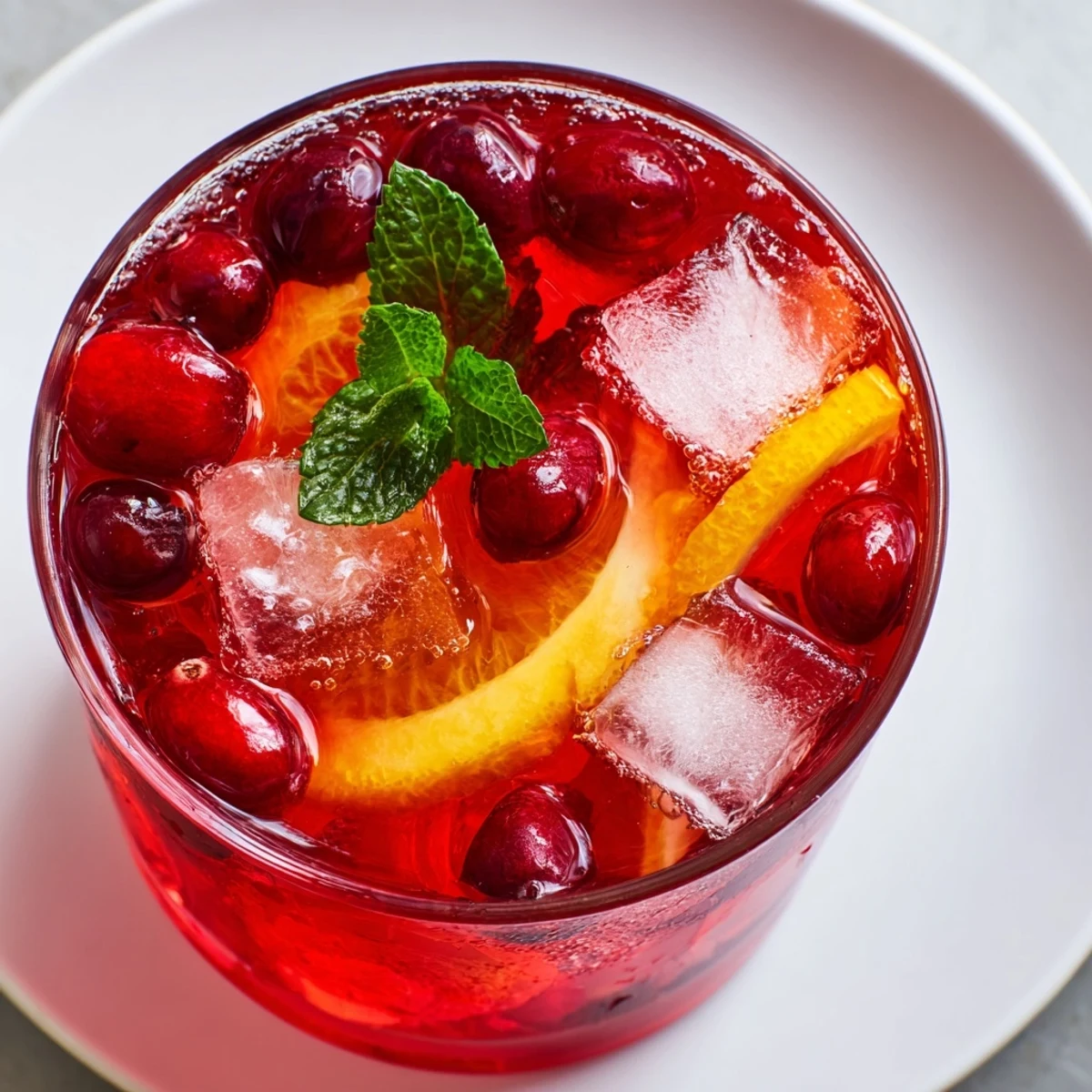 A large punch bowl filled with vibrant red Cranberry Punch, ready to serve with citrus slices.