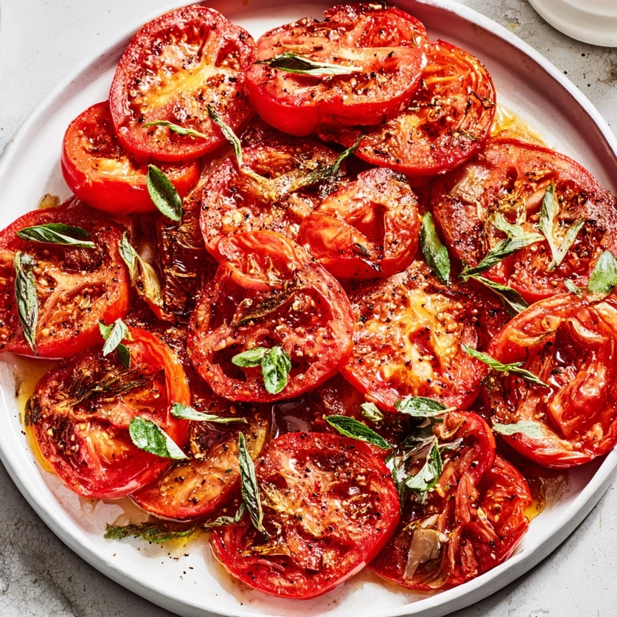 Golden, caramelized tomato halves roasting in the oven, a recipe for savory Roasted Tomatoes.