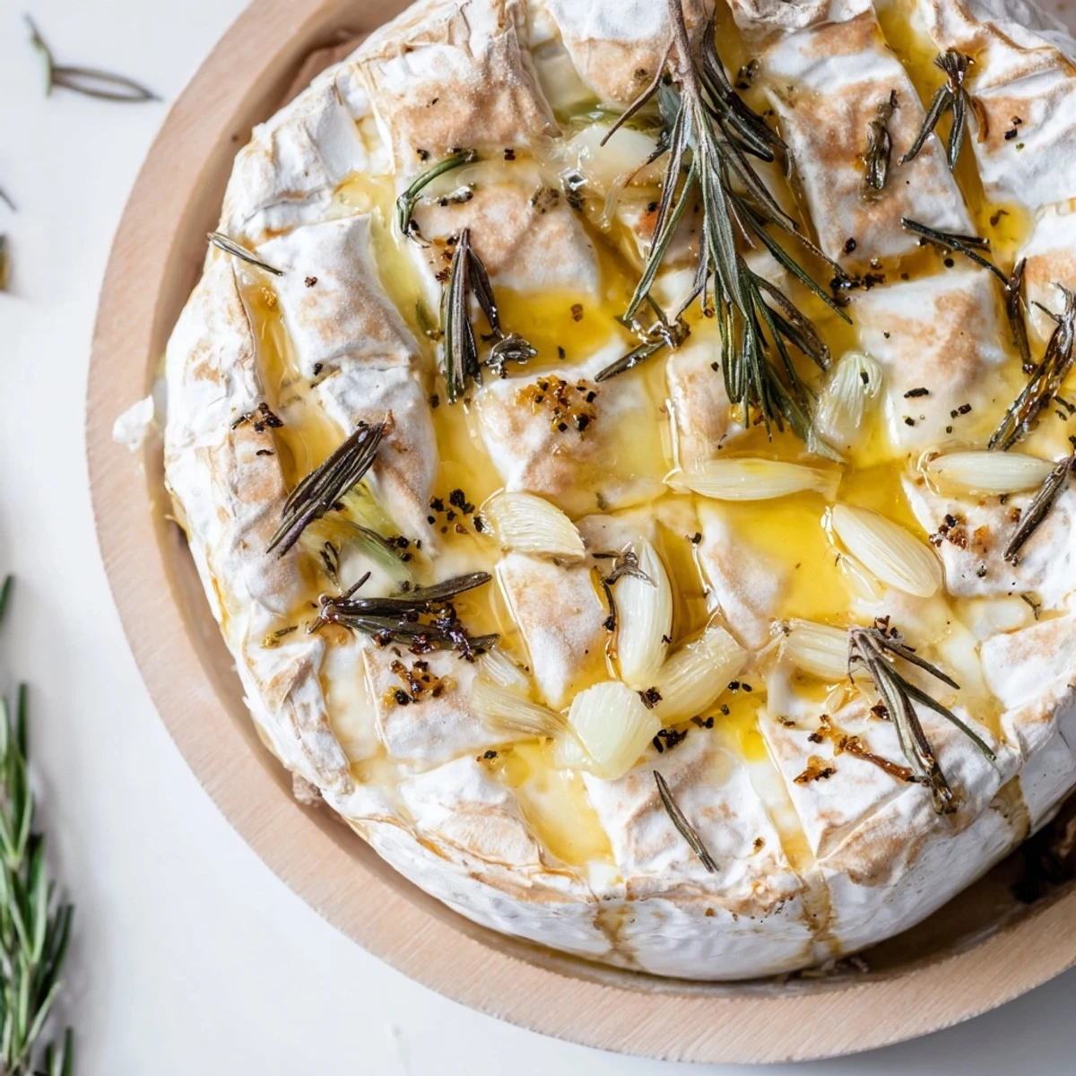 Baked Camembert with Garlic bubbling hot, served with rustic bread for dipping and sharing.