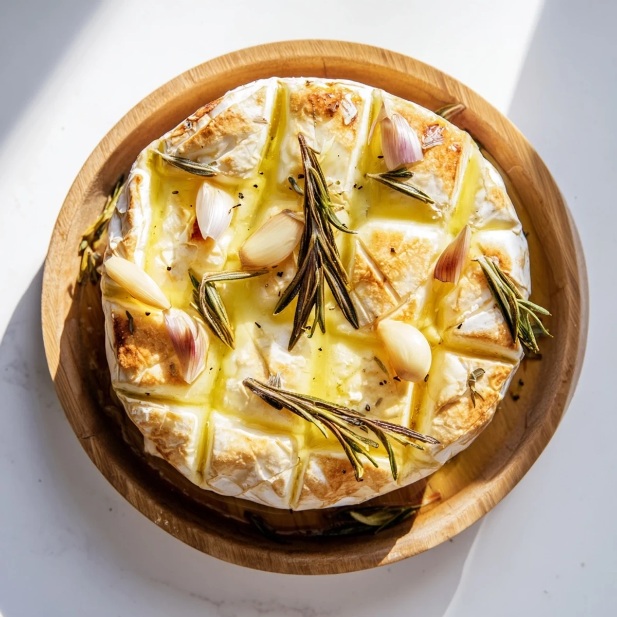 Melting Baked Camembert with Garlic, golden brown and oozing, perfect for a cozy appetizer.