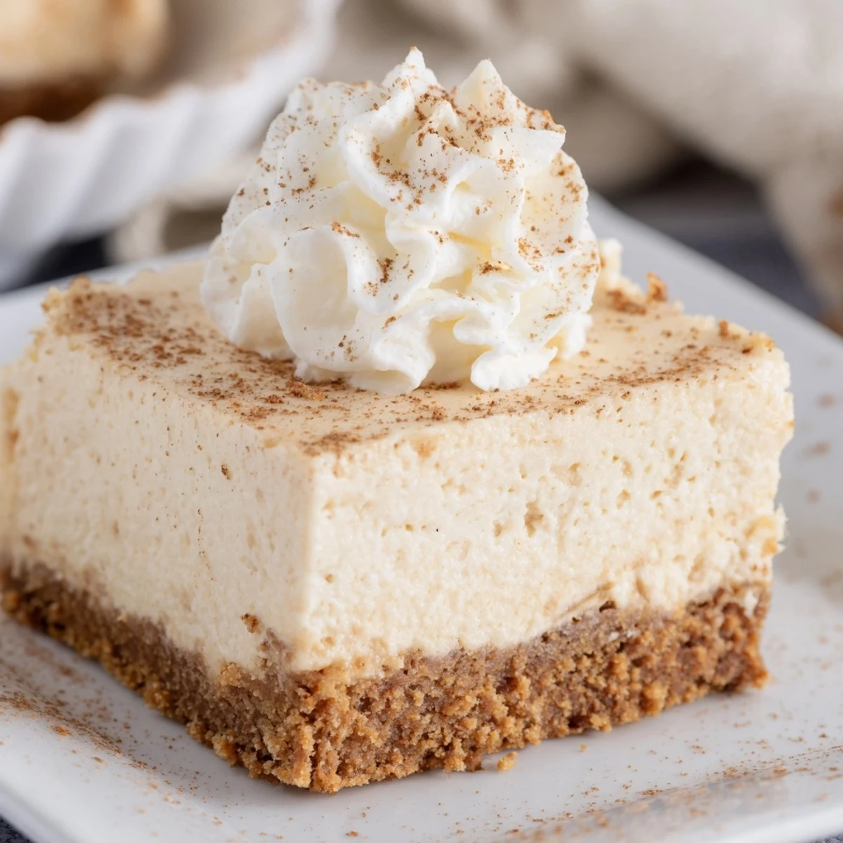 Warm gingerbread cheesecake bars, golden and delicious, ready to serve with whipped cream.