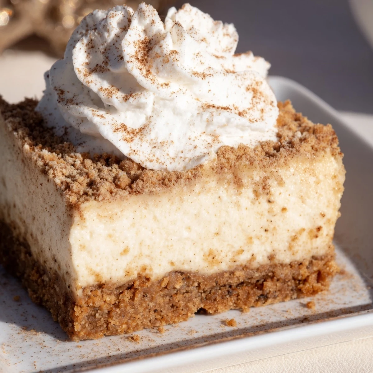 A close-up of a gingerbread cheesecake bar, showing its creamy filling and gingersnap crust.