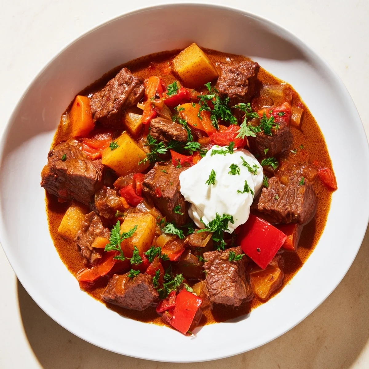 A close-up of hearty Slow Cooked Beef Goulash, perfect for a cold evening with crusty bread.