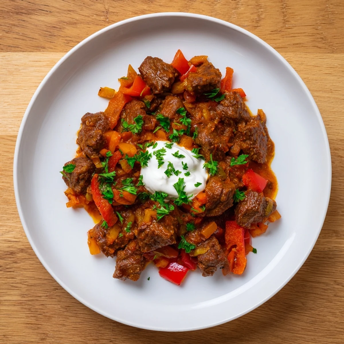 Steaming bowl of Slow Cooked Beef Goulash, the tender beef and vibrant peppers are so inviting.