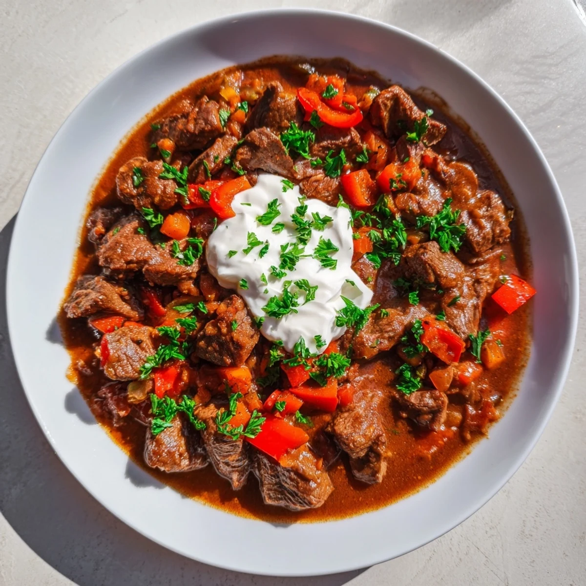 Rich, savory Slow Cooked Beef Goulash, with a garnish of fresh parsley and a dollop of sour cream.