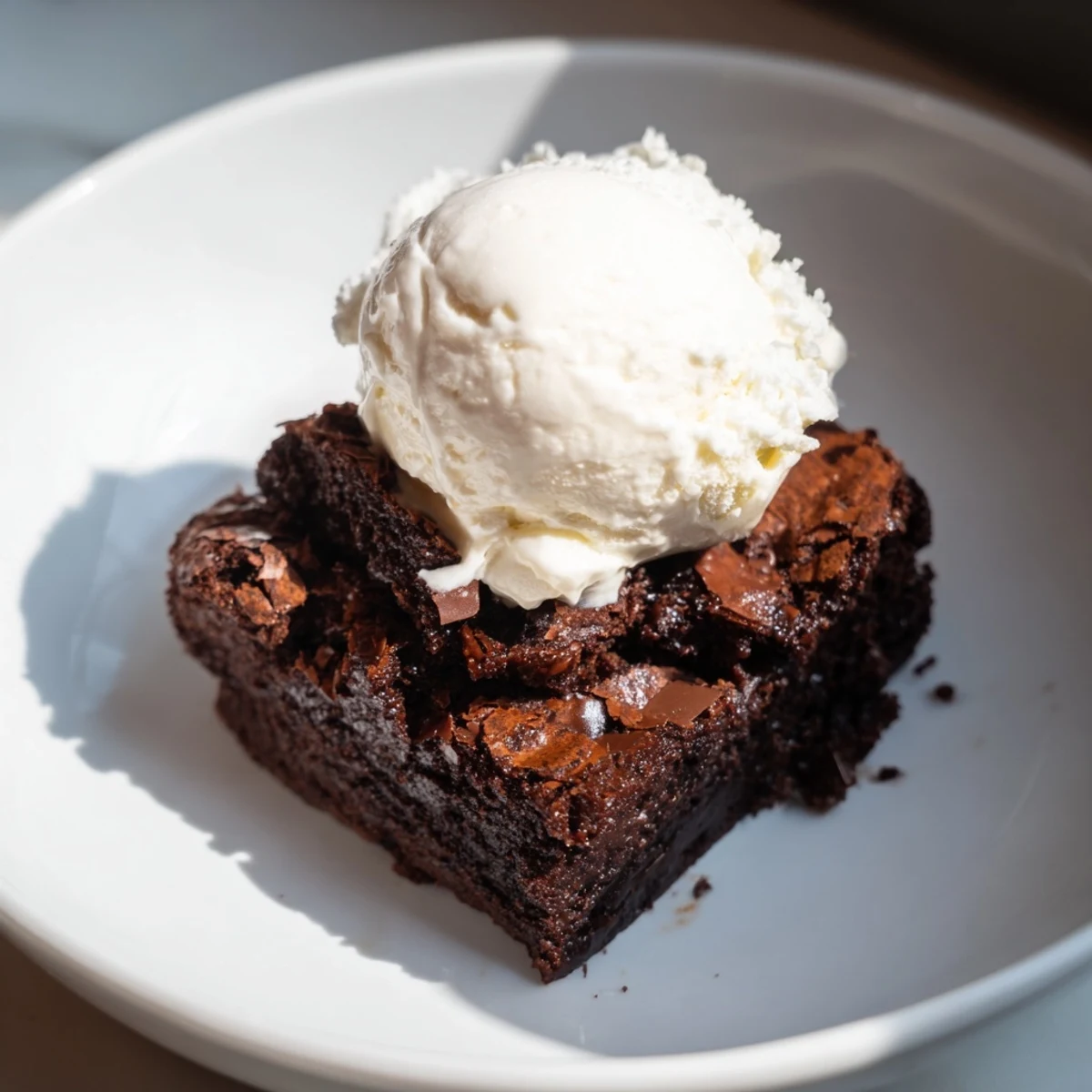 Warm chocolate brownie, a delectable dessert with melted chocolate and a dollop of vanilla ice cream.