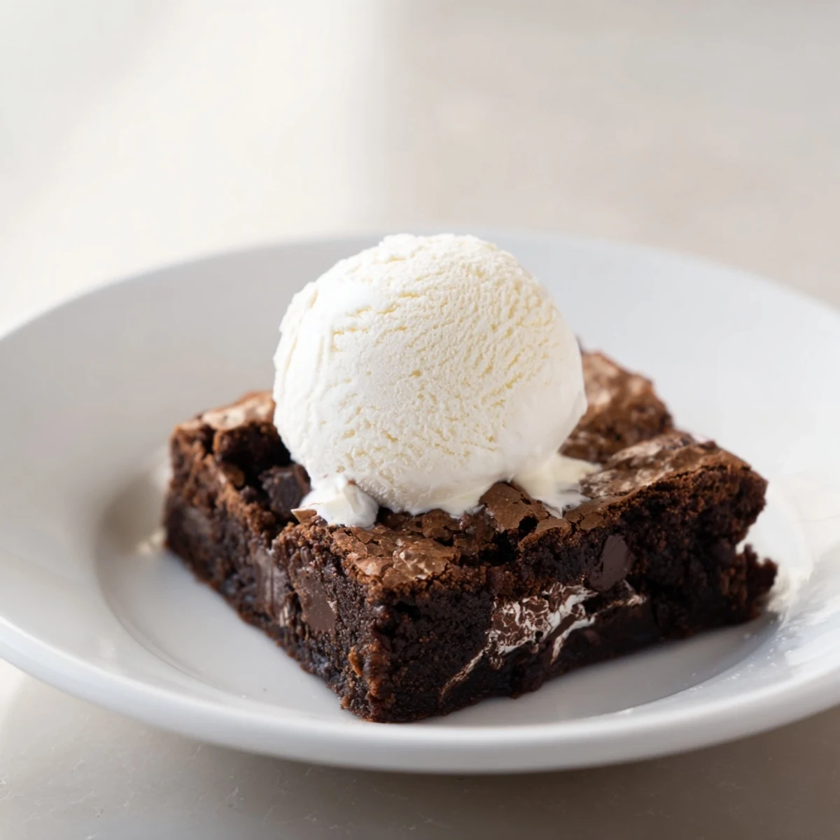 Fudgy warm chocolate brownie, served with cool vanilla ice cream and optional chocolate drizzle on top.