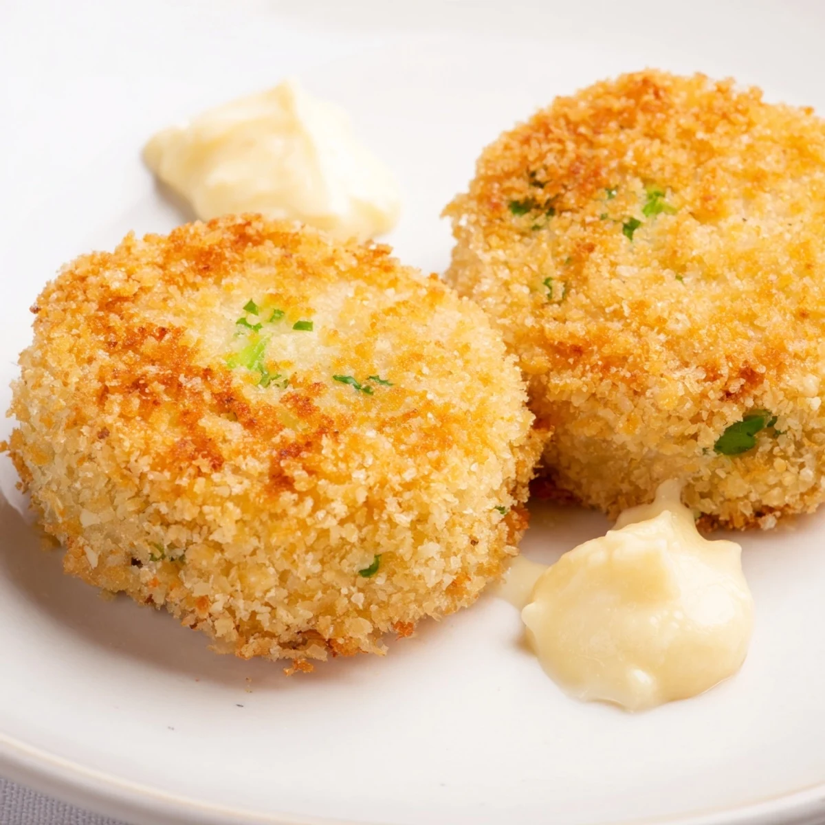 Golden, crispy fishcakes with lemon mayo, ready to eat, are a delicious seafood meal.