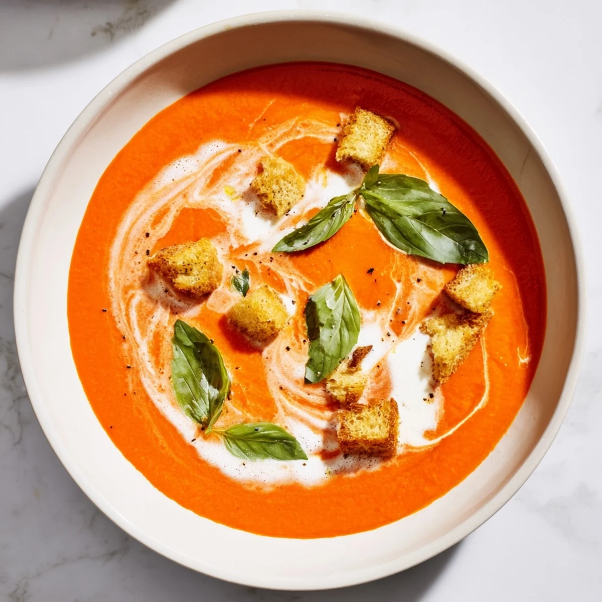 Vibrant image shows creamy roasted tomato soup, freshly blended and ready to serve with basil.